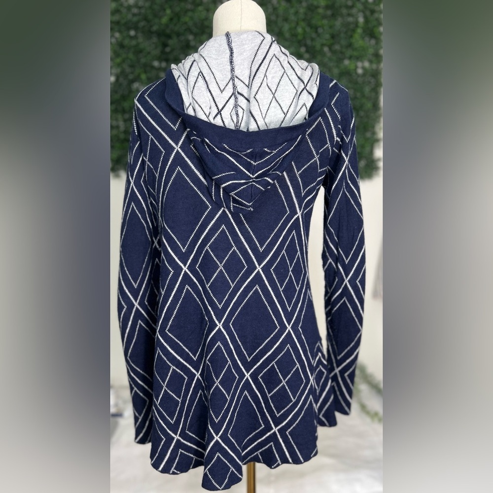 Belldini Cardigan Size S Hood Open Front Cardigan Blue White Geometric Nordic - Picture 5 of 11